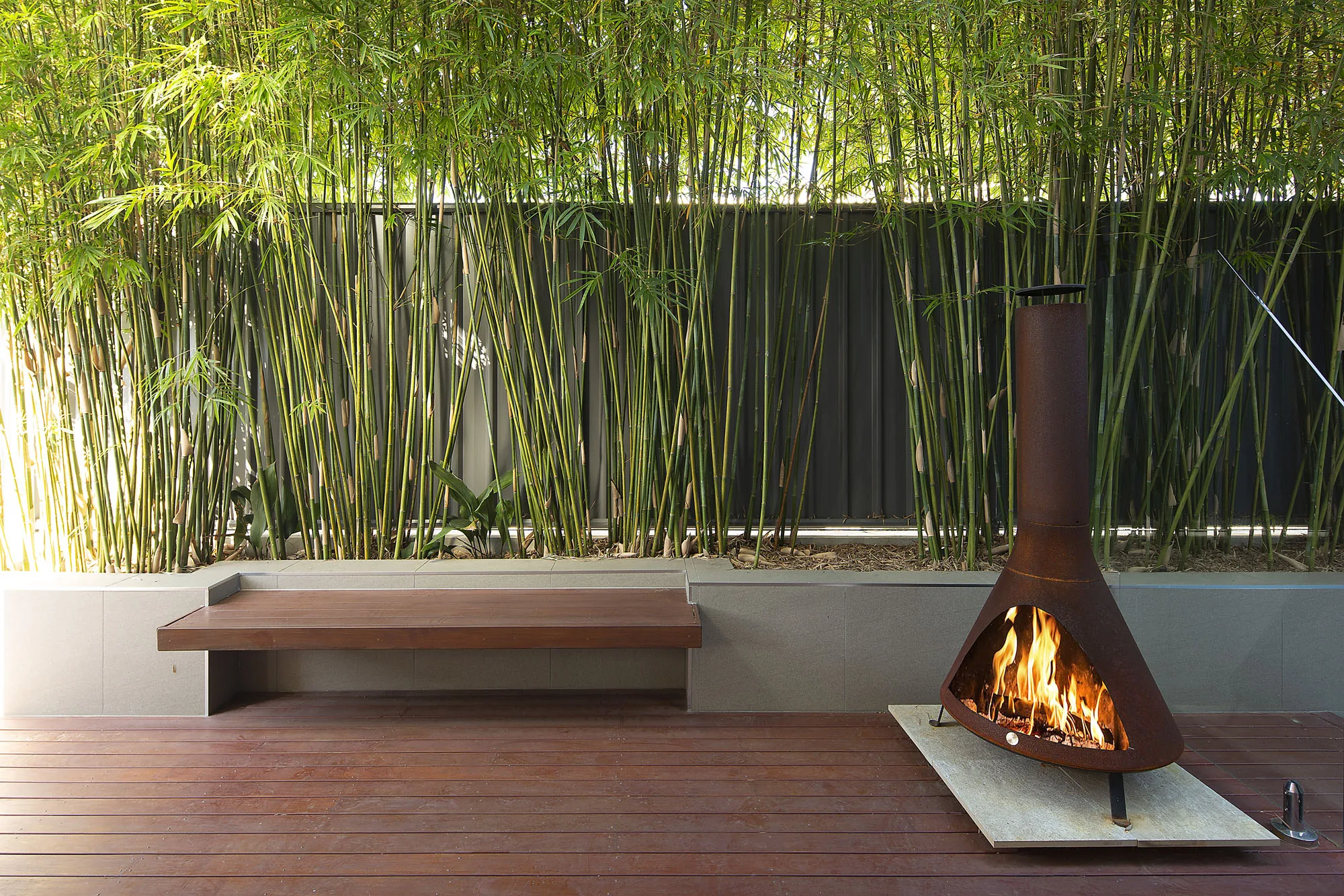 Built-in timber bench and freestanding fireplace on a deck backed by a dense bamboo screen