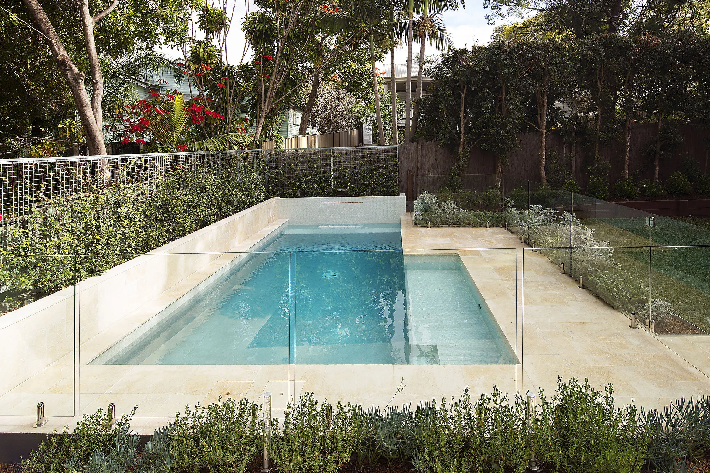 Rectangular pool with travertine surrounds and a clipped hedge boundary in full sun
